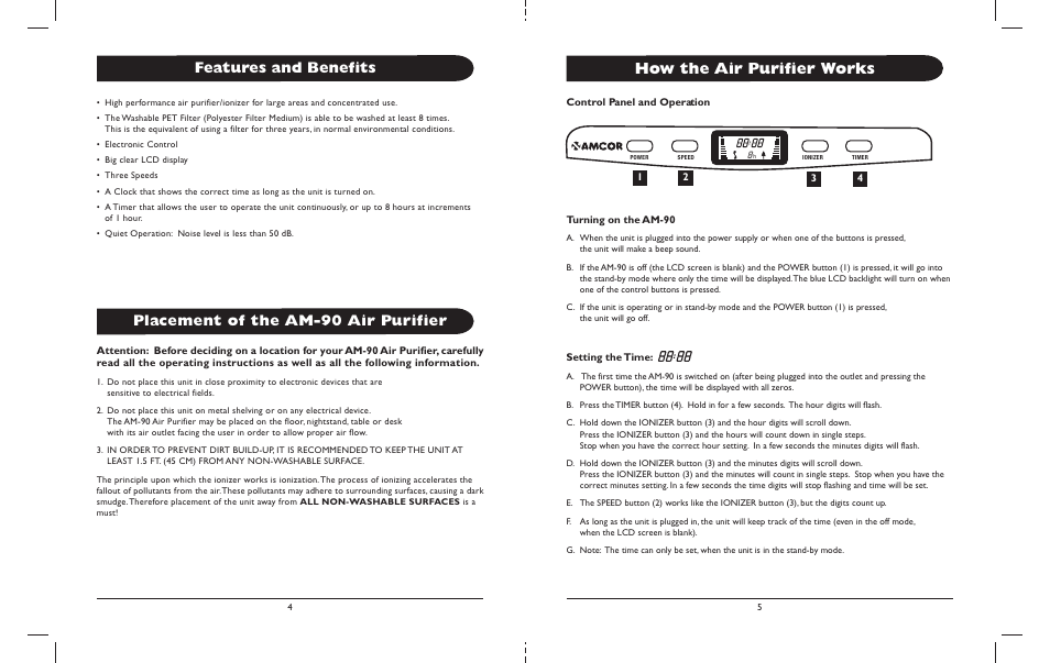 How the air purifier works, Features and benefits, Placement of the am-90 air purifier | Amcor AM-90 IB User Manual | Page 6 / 6