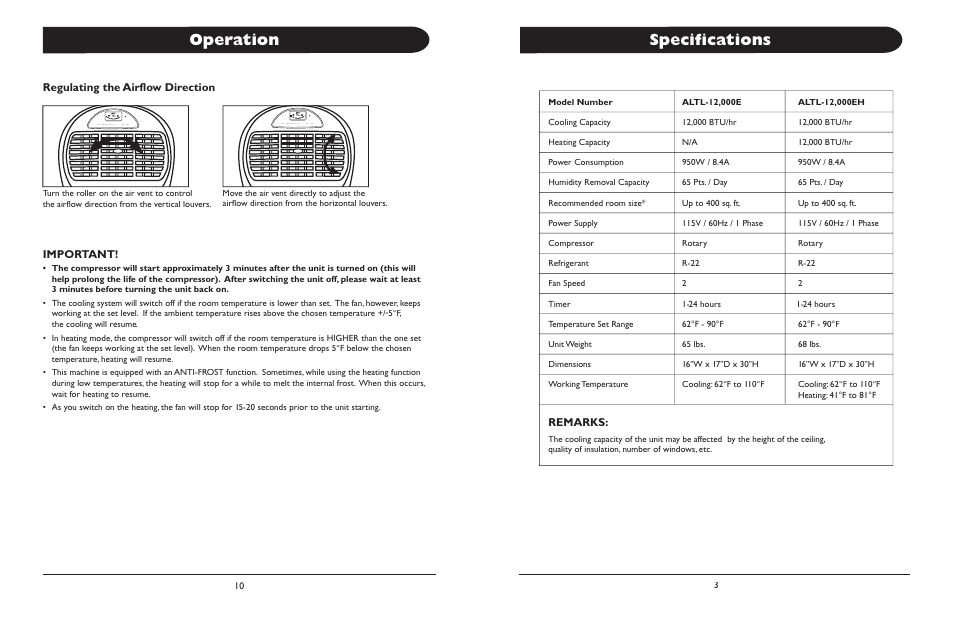 Specifications, Operation, Remarks | Important, Regulating the airflow direction | Amcor ALTL -12 User Manual | Page 3 / 8