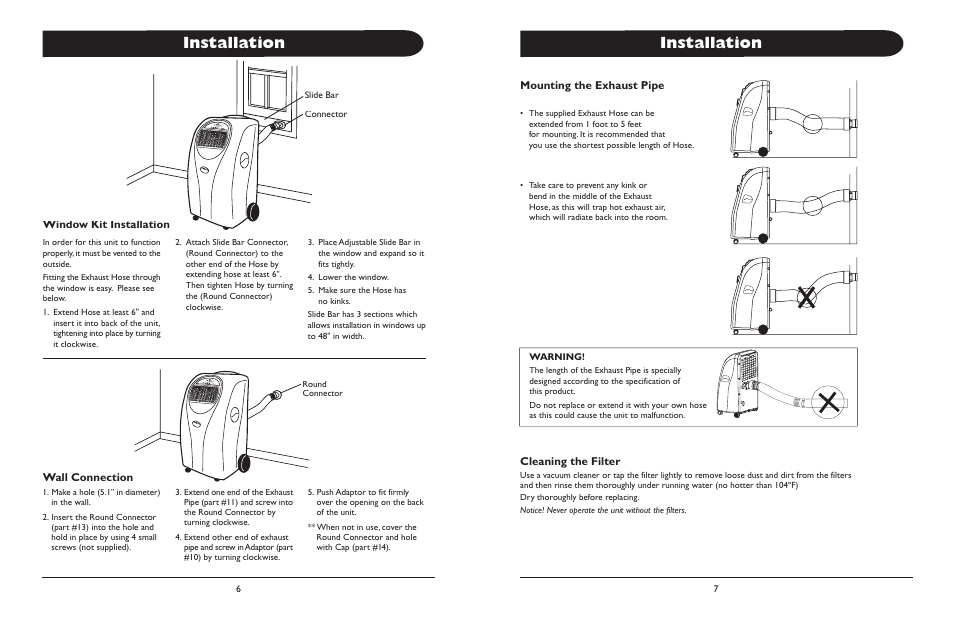 Installation, Window kit installation, Wall connection | Mounting the exhaust pipe, Cleaning the filter | Amcor ALTL -12 User Manual | Page 5 / 8