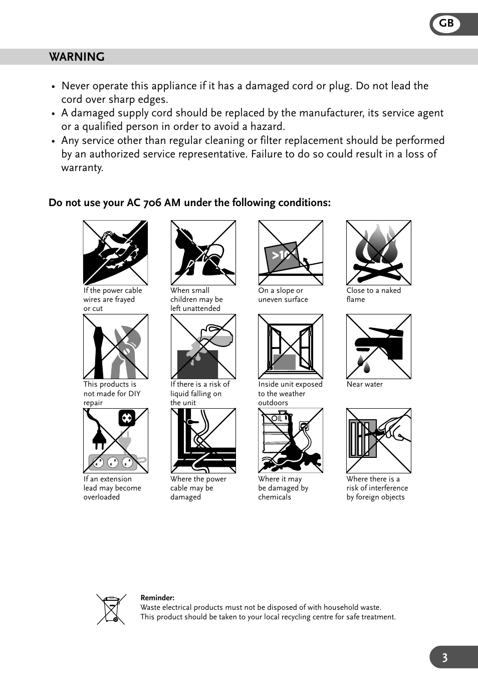 Warning | Amcor Air Cooler & Heater AC 706 AM User Manual | Page 3 / 7