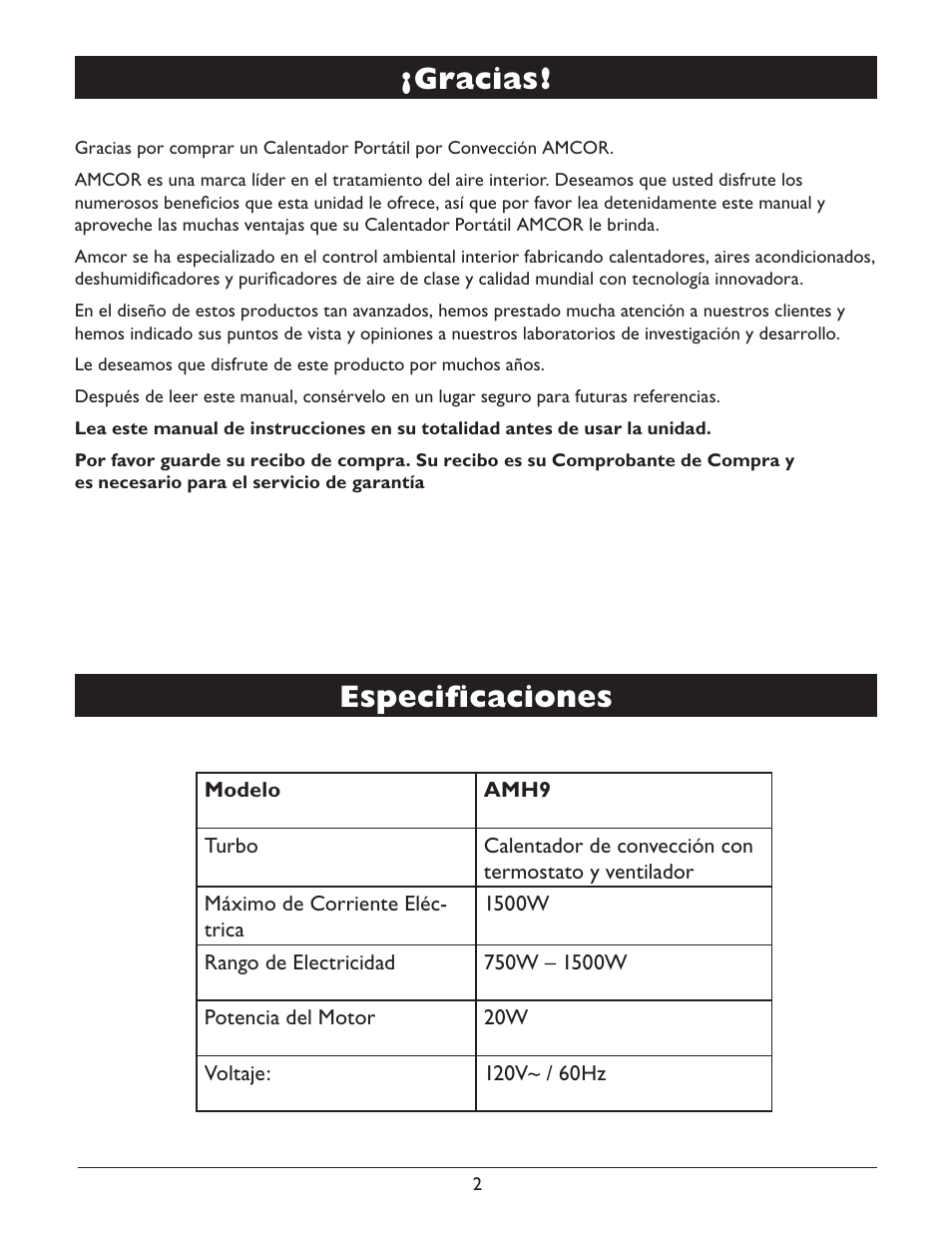 Especificaciones, Gracias | Amcor AMH9 User Manual | Page 12 / 24