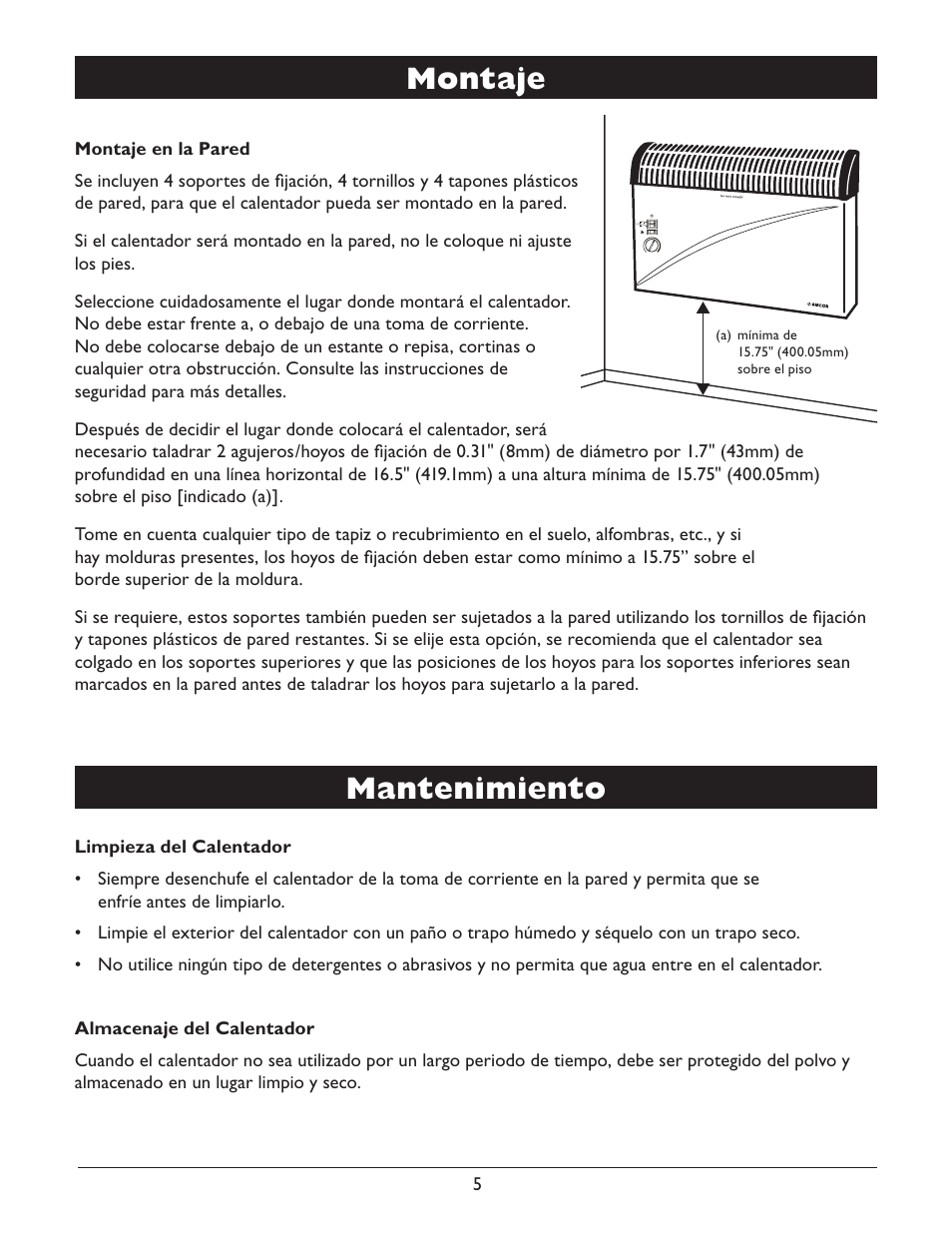 Montaje, Mantenimiento | Amcor AMH9 User Manual | Page 15 / 24