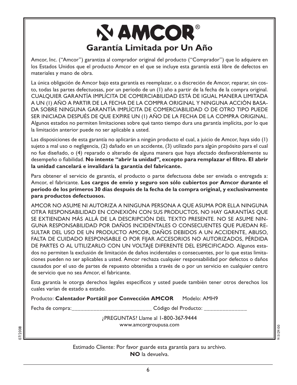 Garantía limitada por un año | Amcor AMH9 User Manual | Page 16 / 24