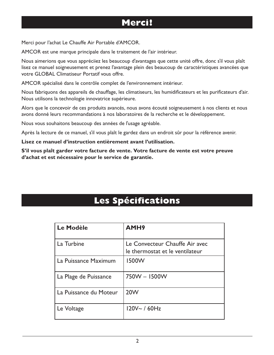 Les spécifications, Merci | Amcor AMH9 User Manual | Page 20 / 24