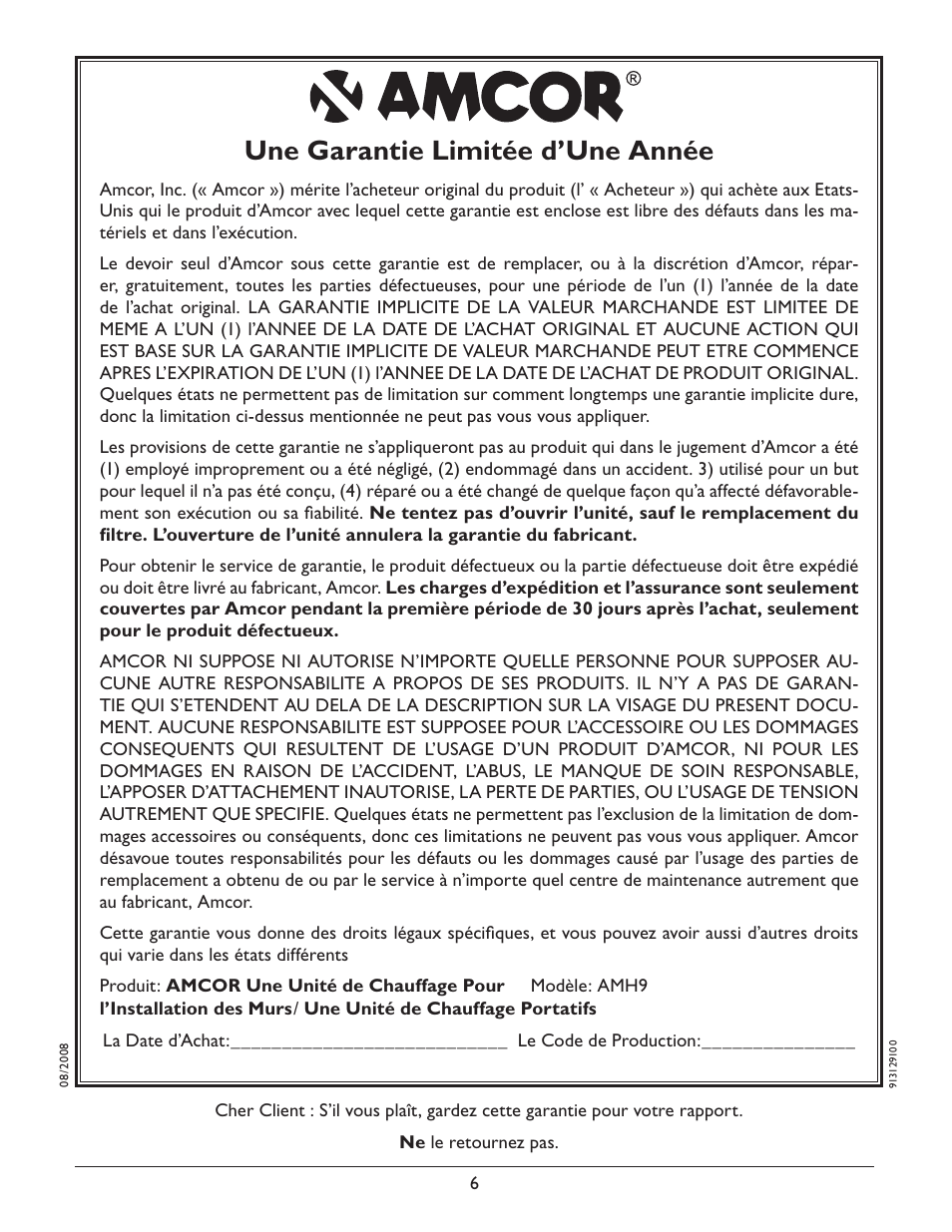 Une garantie limitée d’une année | Amcor AMH9 User Manual | Page 24 / 24