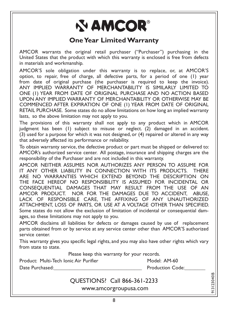 One year limited warranty | Amcor AM-60 User Manual | Page 8 / 8