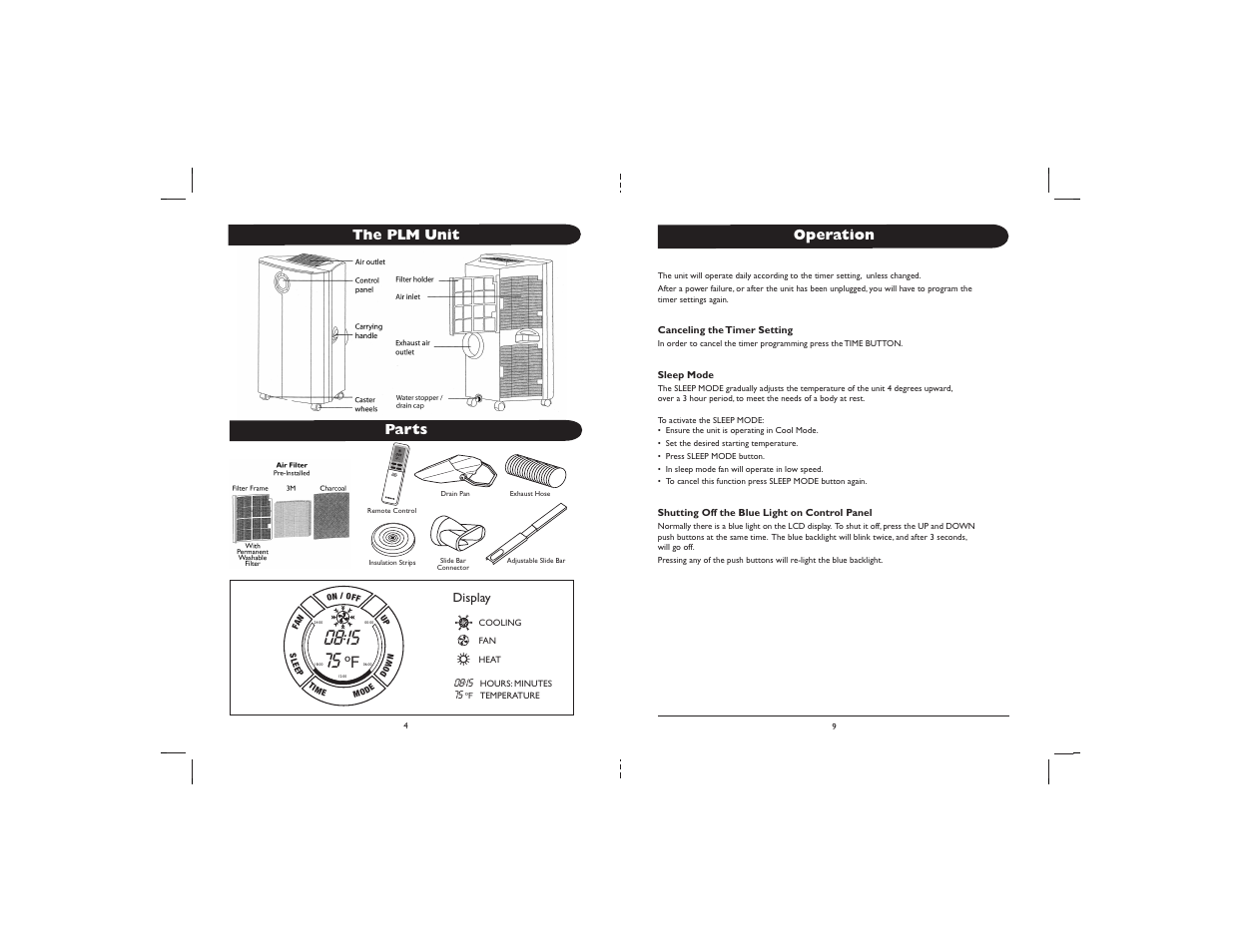 On/off up fan down, Parts operation the plm unit | Amcor PLM User Manual | Page 6 / 8