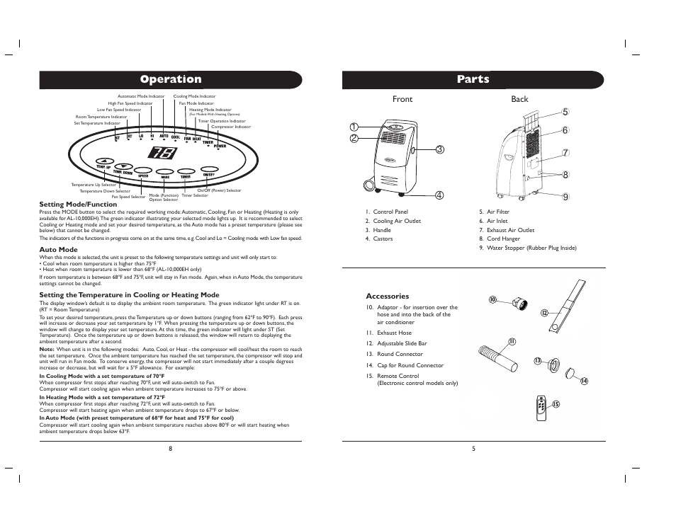 Parts, Operation, Front back | Amcor AL-10 User Manual | Page 4 / 8