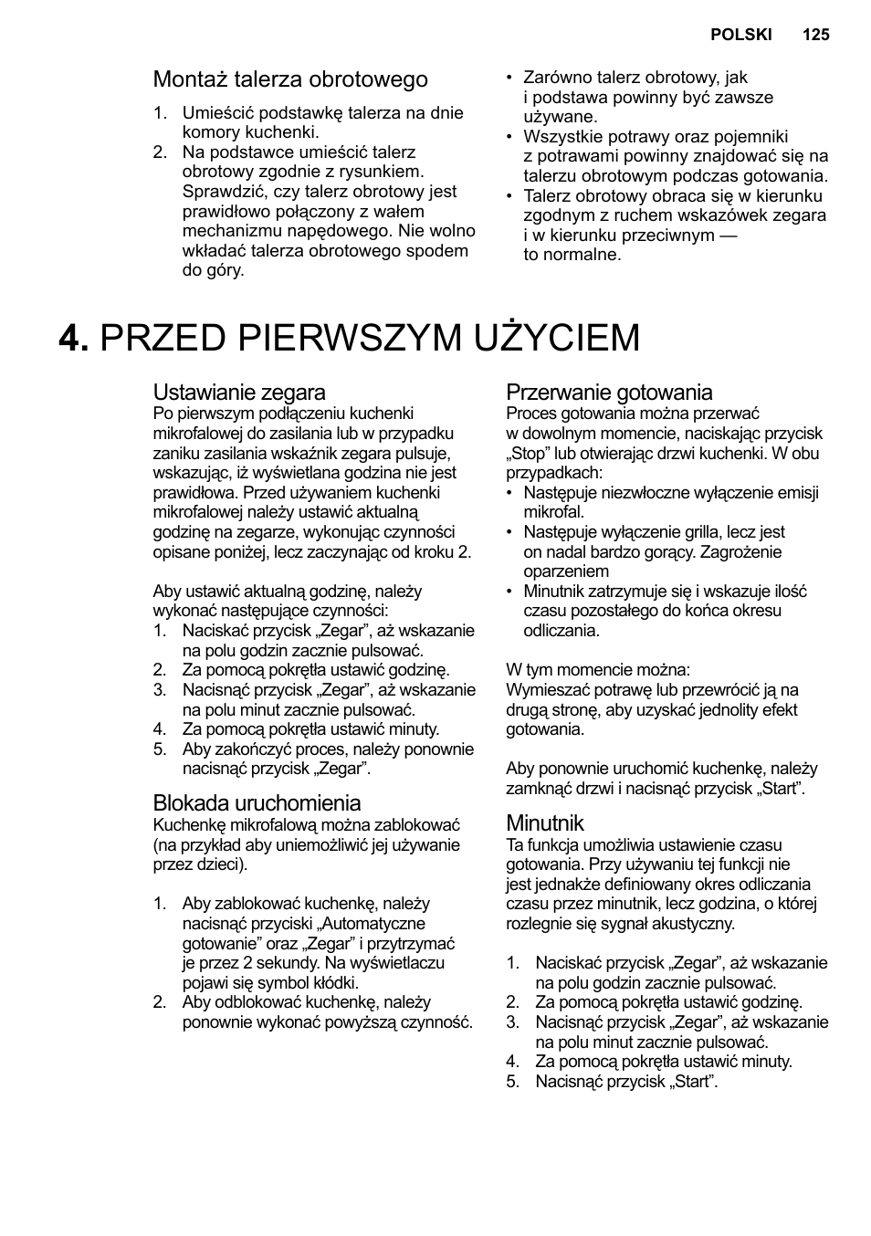 Przed pierwszym użyciem, Montaż talerza obrotowego, Ustawianie zegara | Blokada uruchomienia, Przerwanie gotowania, Minutnik | AEG MC2664E-M User Manual | Page 125 / 200