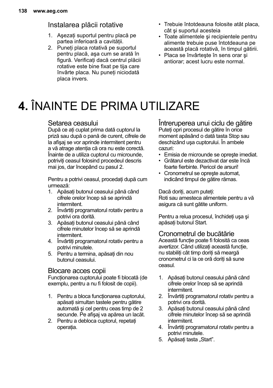 Înainte de prima utilizare, Instalarea plăcii rotative, Setarea ceasului | Blocare acces copii, Întreruperea unui ciclu de gătire, Cronometrul de bucătărie | AEG MC2664E-M User Manual | Page 138 / 200