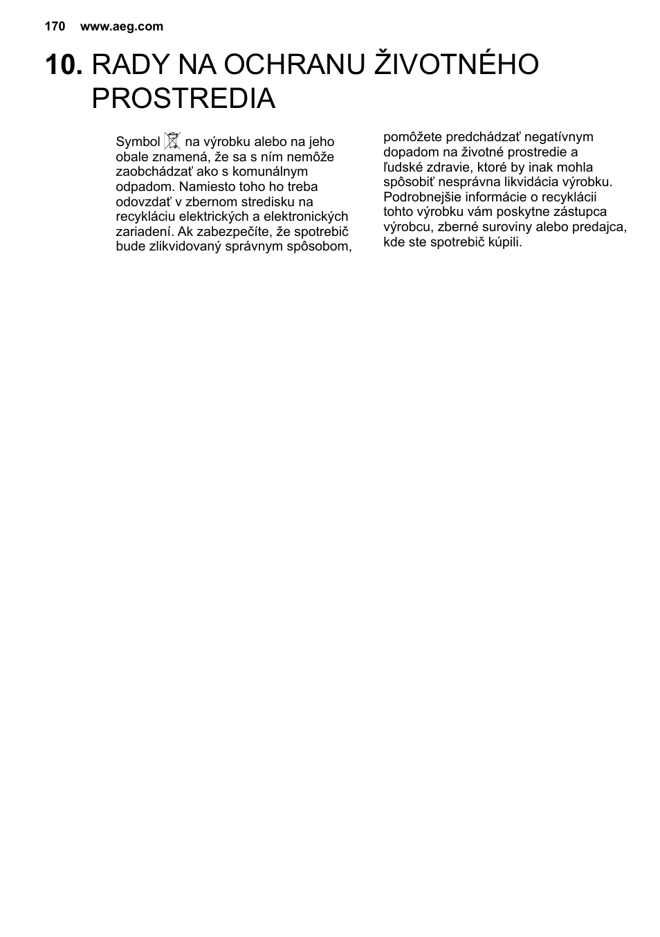 Rady na ochranu životného prostredia | AEG MC2664E-M User Manual | Page 170 / 200