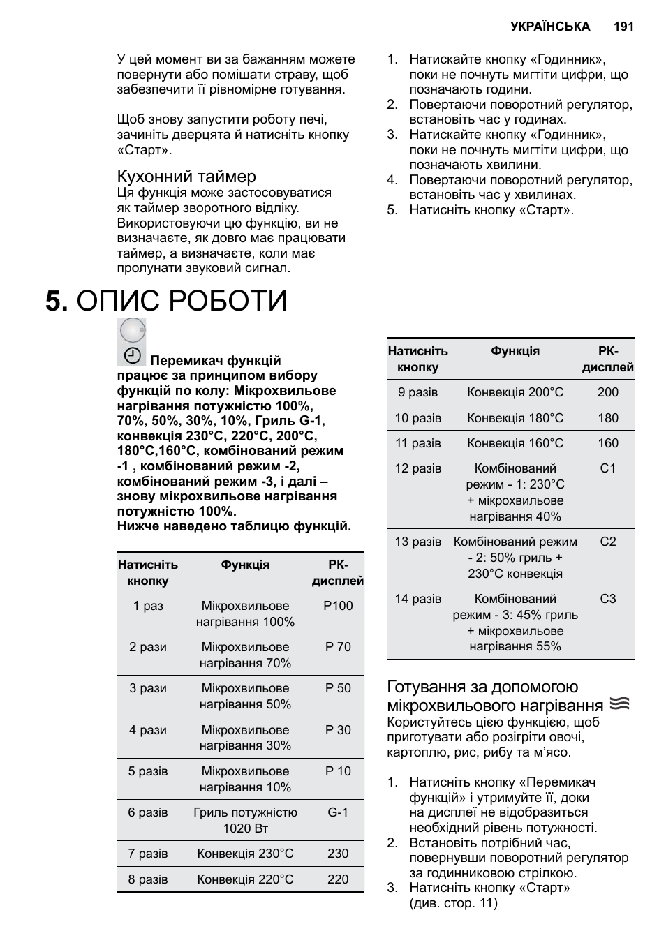Опис роботи, Готування за допомогою мікрохвильового нагрівання, Кухонний таймер | AEG MC2664E-M User Manual | Page 191 / 200