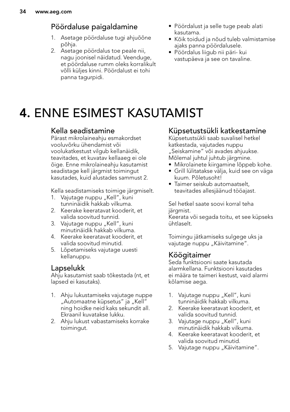 Enne esimest kasutamist, Pöördaluse paigaldamine, Kella seadistamine | Lapselukk, Küpsetustsükli katkestamine, Köögitaimer | AEG MC2664E-M User Manual | Page 34 / 200