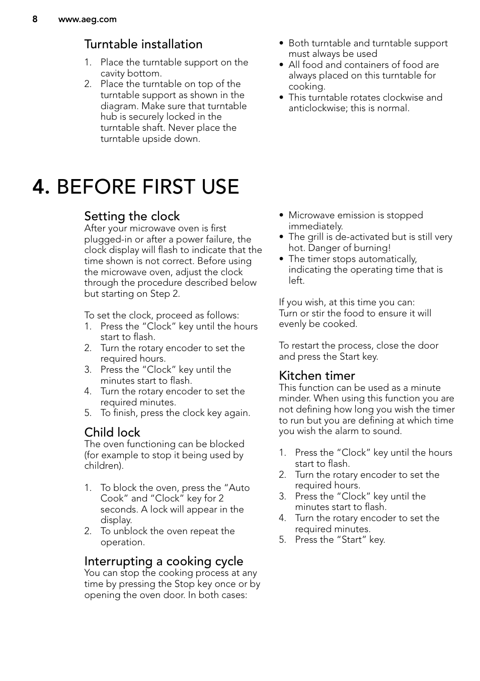 Before first use, Turntable installation, Setting the clock | Child lock, Interrupting a cooking cycle, Kitchen timer | AEG MC2664E-M User Manual | Page 8 / 200