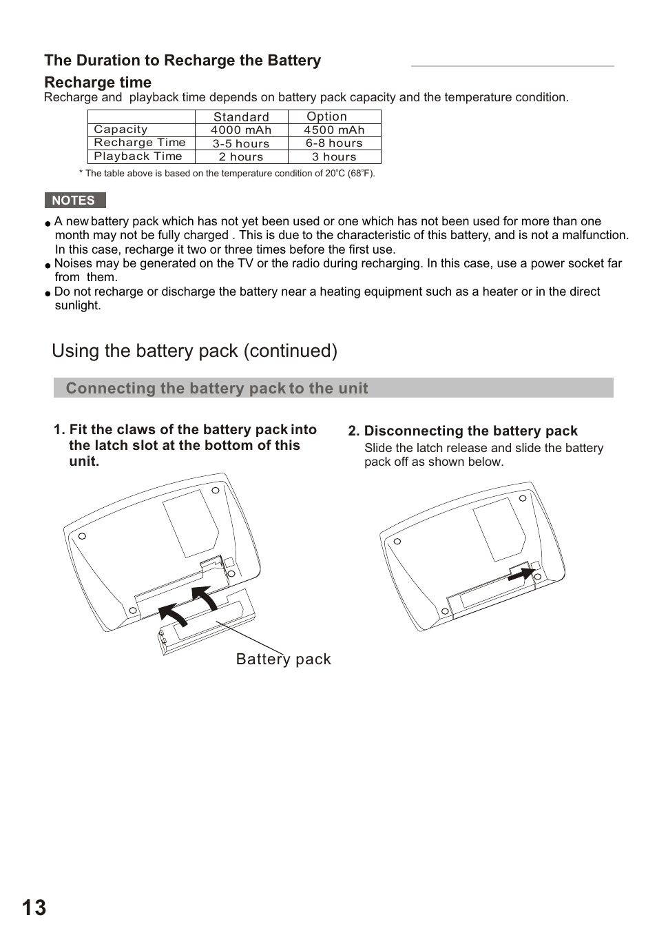 Using the battery pack (continued), Connecting the battery pack to the unit, Battery pack | The duration to recharge the battery recharge time | Amphion M510 User Manual | Page 14 / 37