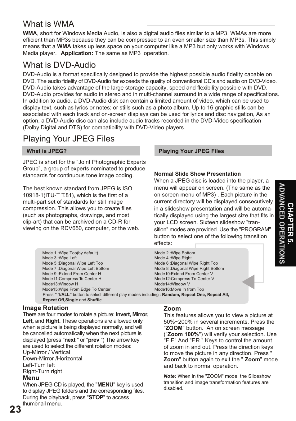 What is wma, What is dvd-audio, Playing your jpeg files | Chapter 5 | Amphion M510 User Manual | Page 24 / 37