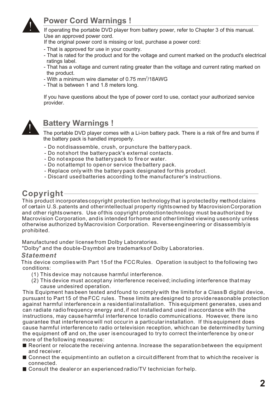 Power cord warnings, Battery warnings, Copyright | Amphion M510 User Manual | Page 3 / 37