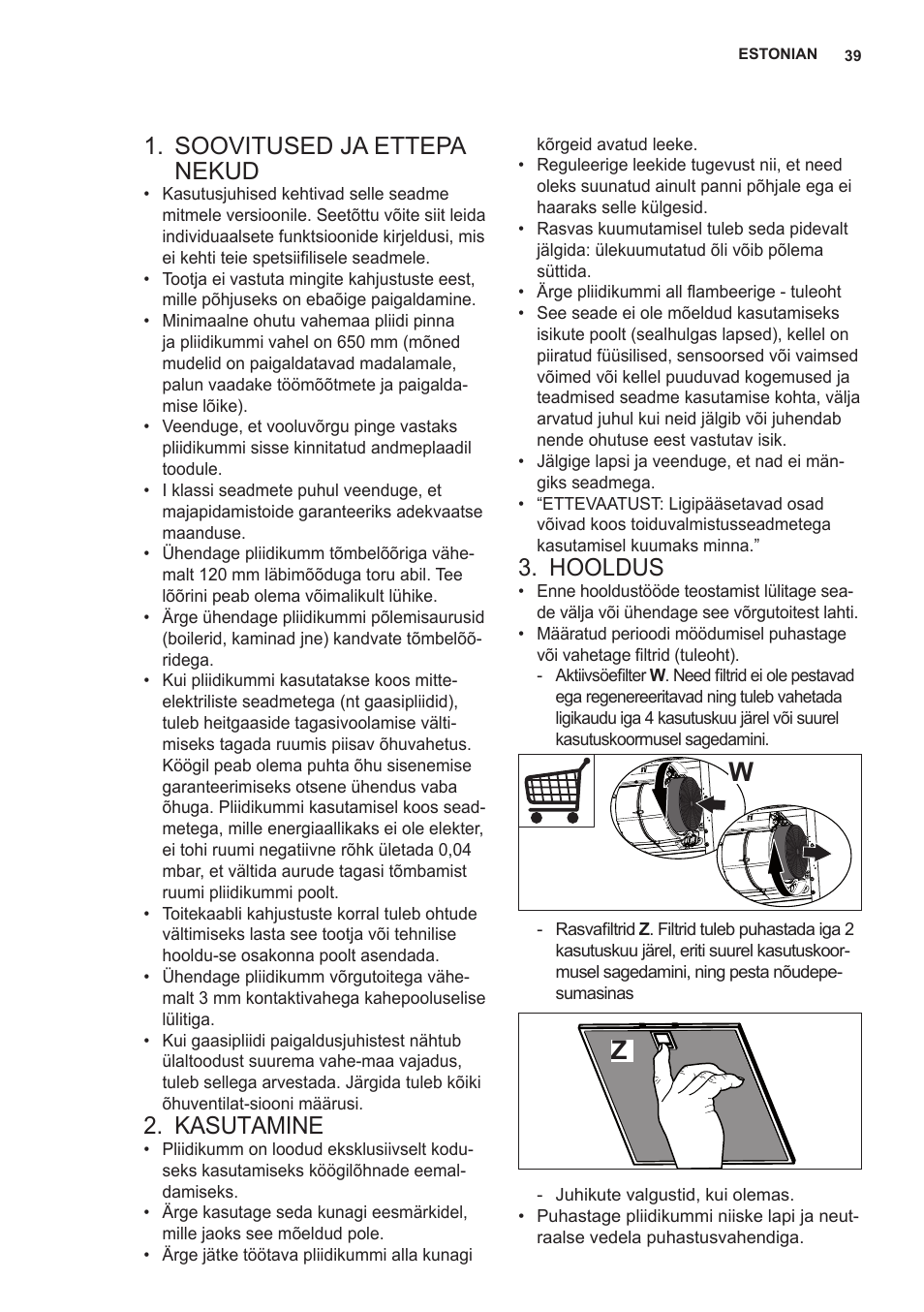 Soovitused ja ettepa nekud, Kasutamine, Hooldus | AEG X59143MD0 User Manual | Page 39 / 96