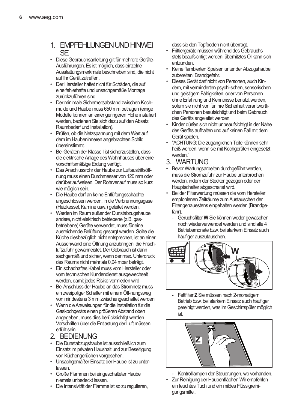 Empfehlungen und hinwei se, Bedienung, Wartung | AEG X59143MD0 User Manual | Page 6 / 96