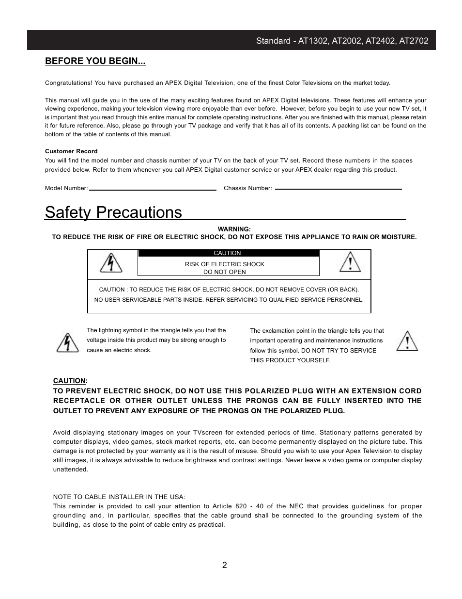 Safety precautions, Before you begin | Apex Digital AT2002 User Manual | Page 4 / 23