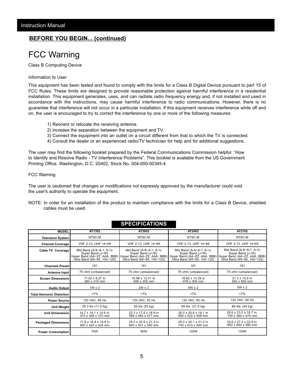 Fcc warning, Before you begin... (continued), 5instruction manual | Specifications | Apex Digital AT2002 User Manual | Page 7 / 23