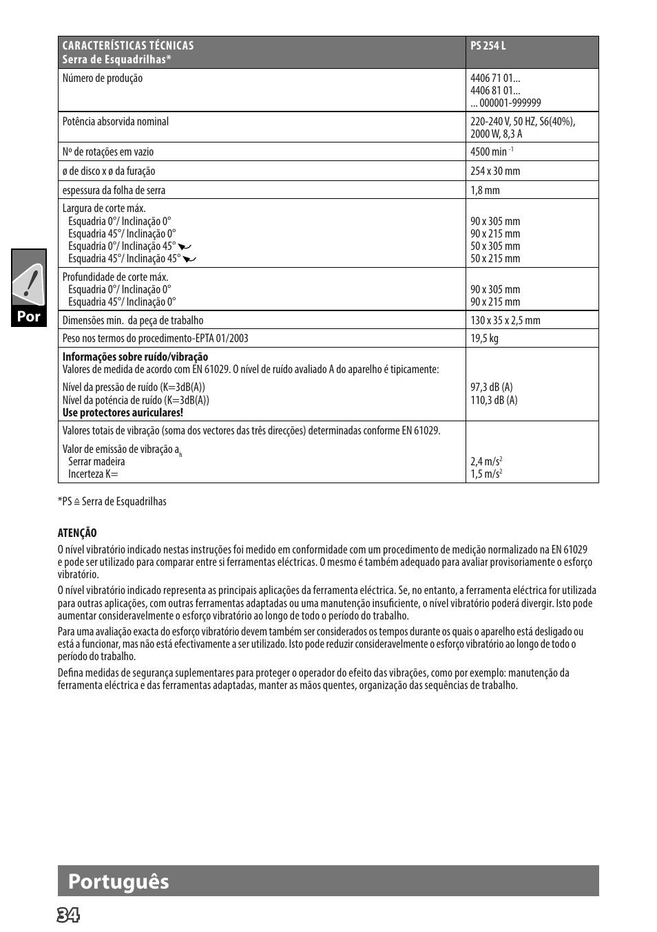 Português | AEG PS 254 User Manual | Page 38 / 104