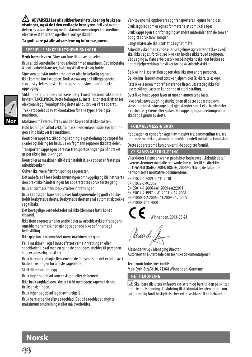 Deutsch, Norsk | AEG PS 254 User Manual | Page 48 / 104