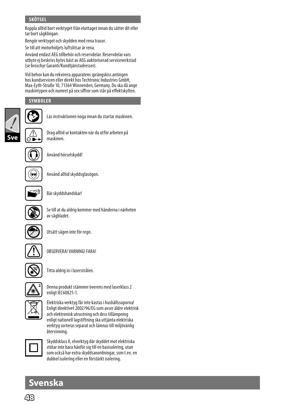 English svenska | AEG PS 254 User Manual | Page 52 / 104