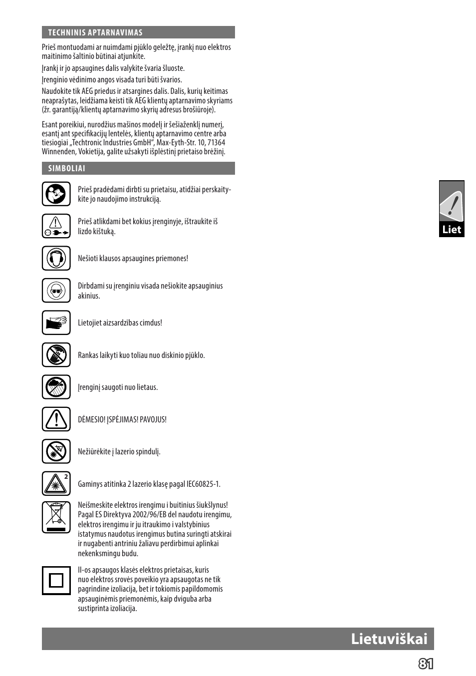 English lietuviškai | AEG PS 254 User Manual | Page 85 / 104