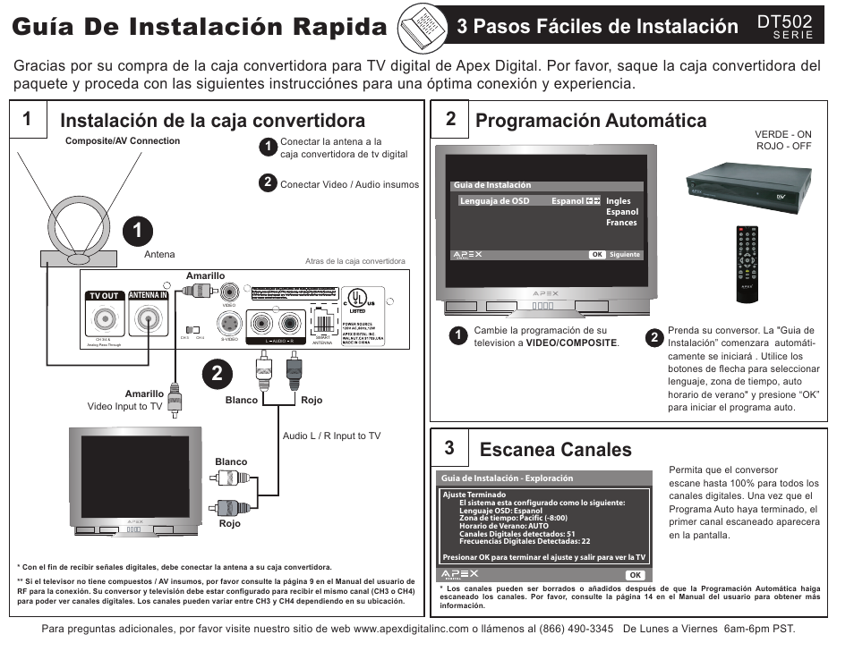 Guía de instalación rapida, 3 pasos fáciles de instalación, Instalación de la caja convertidora | Programación automática escanea canales 1, Dt502 | Apex Digital Apex DT502 User Manual | Page 2 / 2