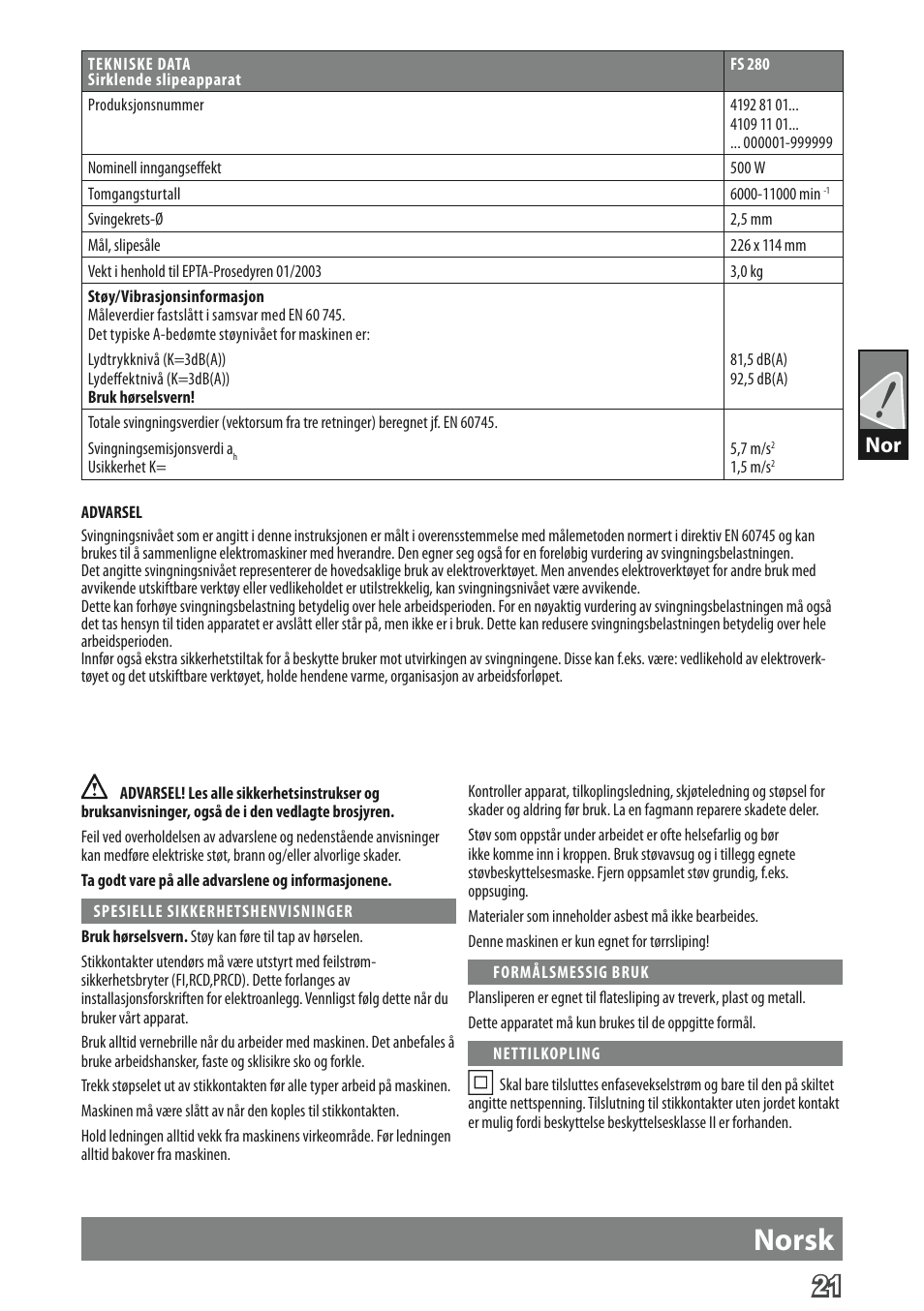 Norsk | AEG FS 280 User Manual | Page 24 / 62