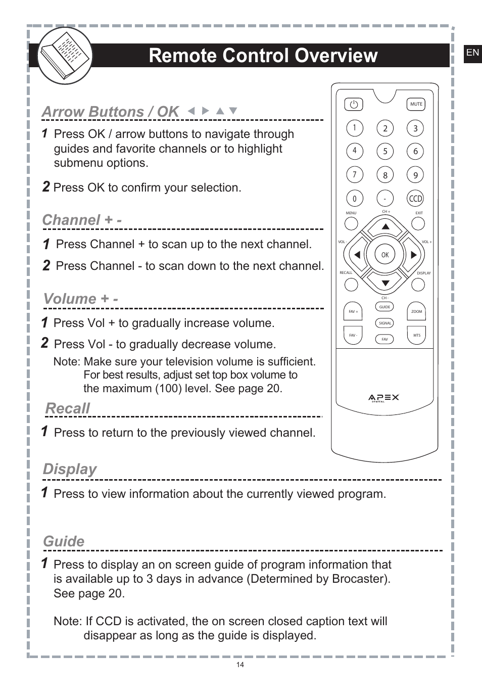 Remote control overview, Recall display, Arrow buttons / ok channel | Volume, 2guide, Number buttons, 12 menu exit, Press channel + to scan up to the next channel, Press vol + to gradually increase volume, 1press vol - to gradually decrease volume | Apex Digital DT150 User Manual | Page 15 / 48