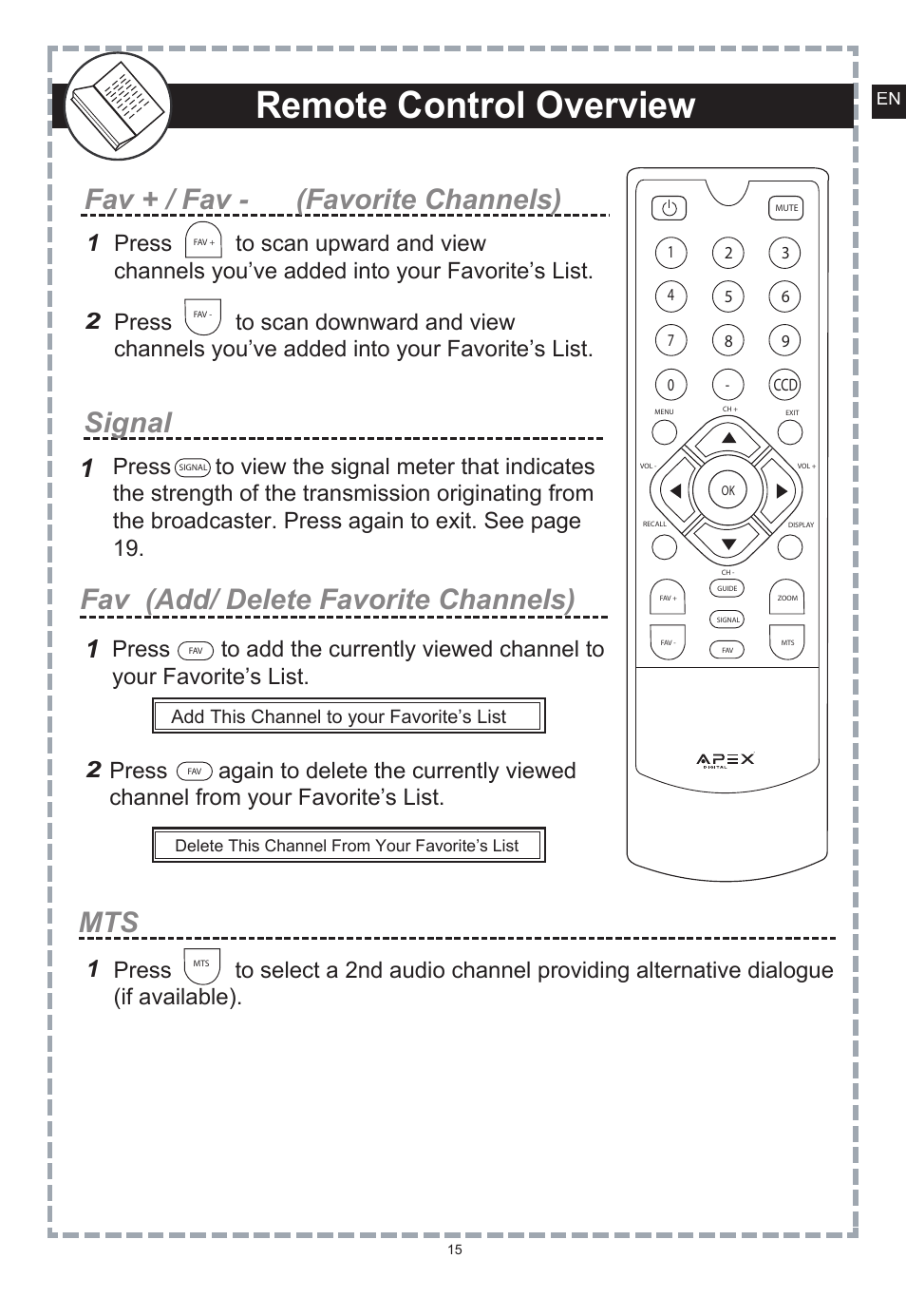 Quick start guide, Remote control overview, Signal fav (add/ delete favorite channels) | Fav + / fav - (favorite channels) | Apex Digital DT150 User Manual | Page 16 / 48