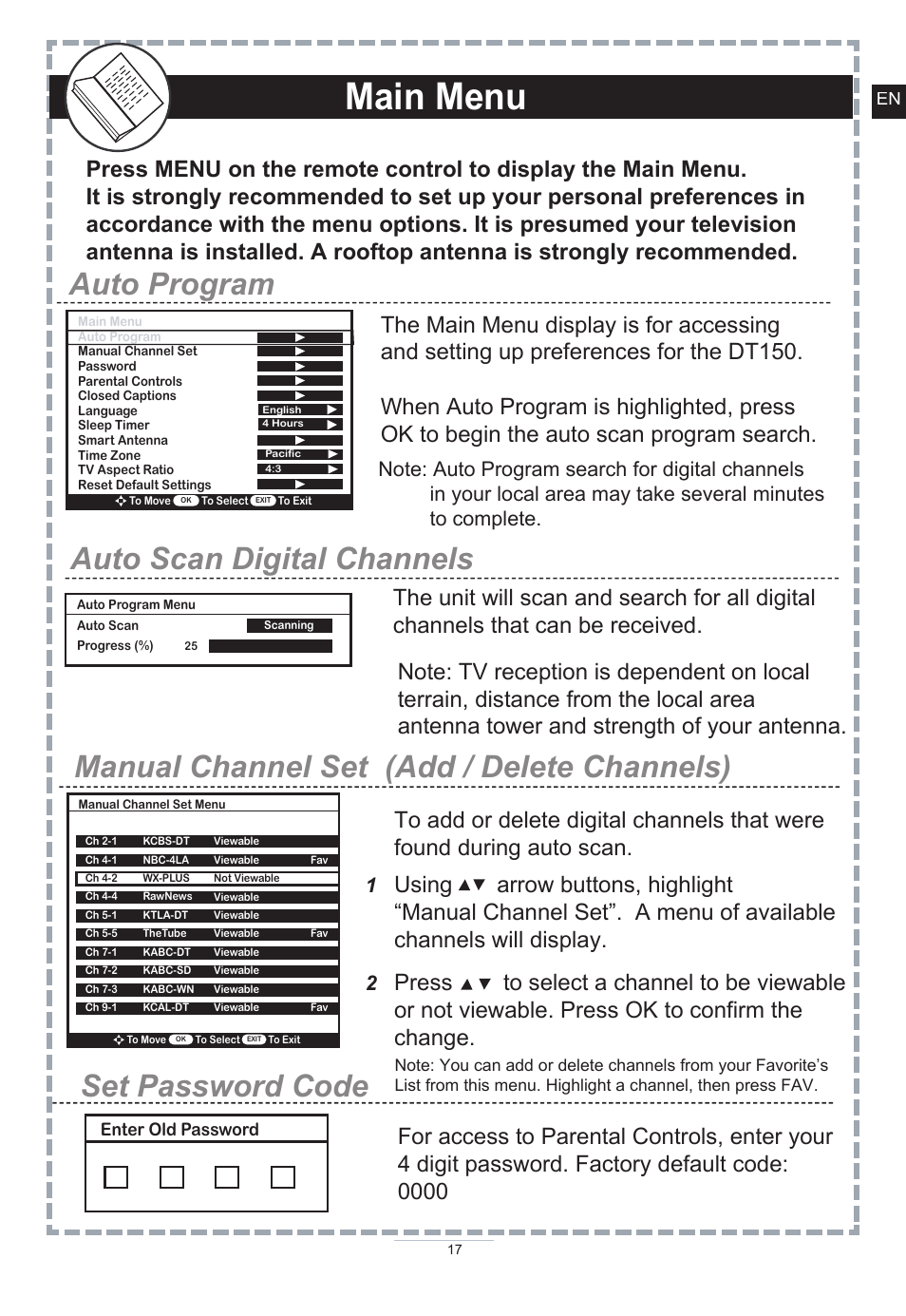 Main menu, Connection to tv, Composite (using supplied av cables) s video | Using supplied audio cables), Enter old password | Apex Digital DT150 User Manual | Page 18 / 48