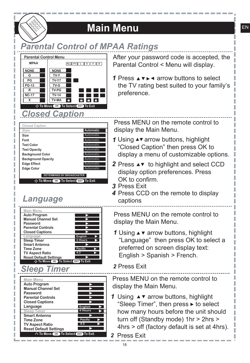 Main menu, Connection to tv, Front & rear panel overview | Press exit, Dt1001 (front view), Dt1001 (rear view), Diagnostic/ service use only) | Apex Digital DT150 User Manual | Page 19 / 48