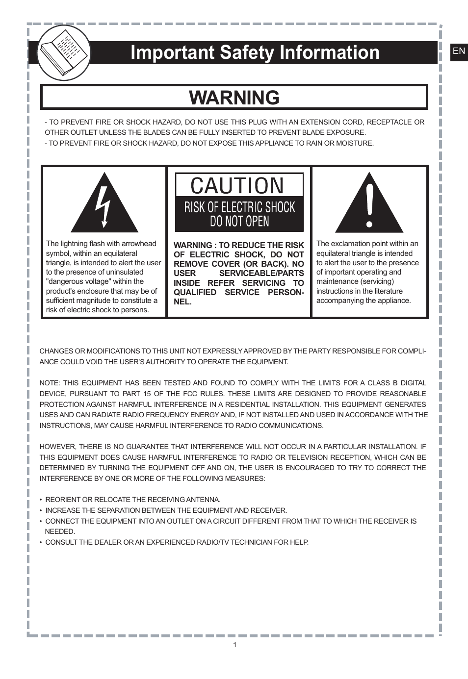 Important safety information, Warning | Apex Digital DT150 User Manual | Page 2 / 48