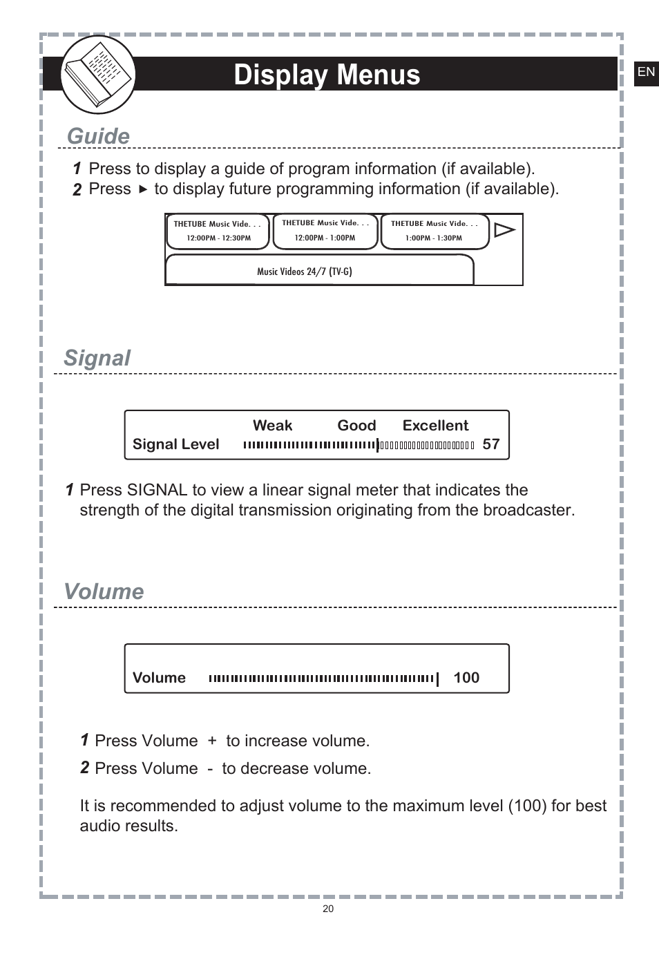 Main menu, Display menus, Remote control functions | Remote control battery installation, Smart antenna (optional) time zone tv aspect ratio, Reset default settings, Signal guide, Volume, Press exit, Press volume - to decrease volume | Apex Digital DT150 User Manual | Page 21 / 48