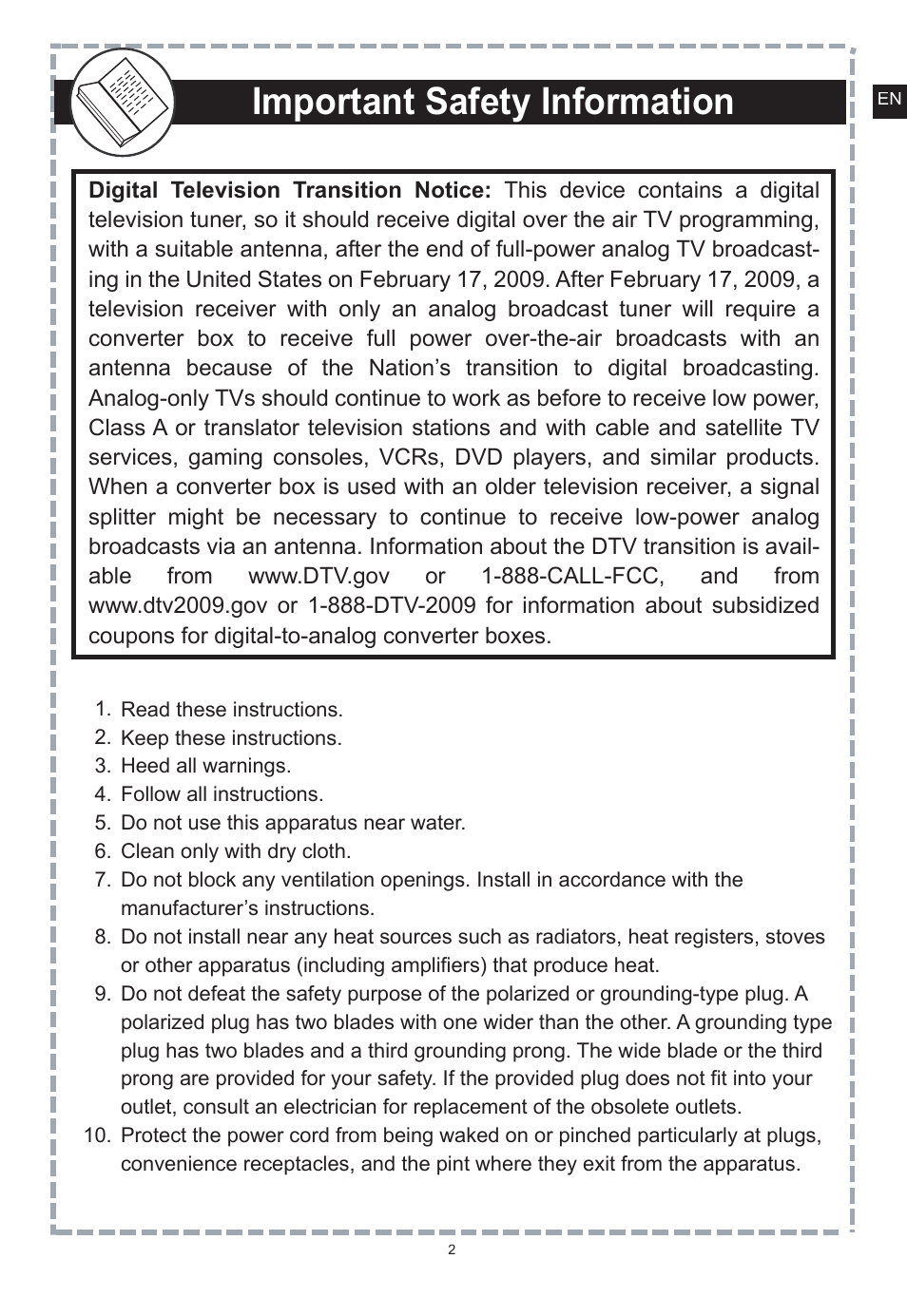 Important safety information, Warning | Apex Digital DT150 User Manual | Page 3 / 48