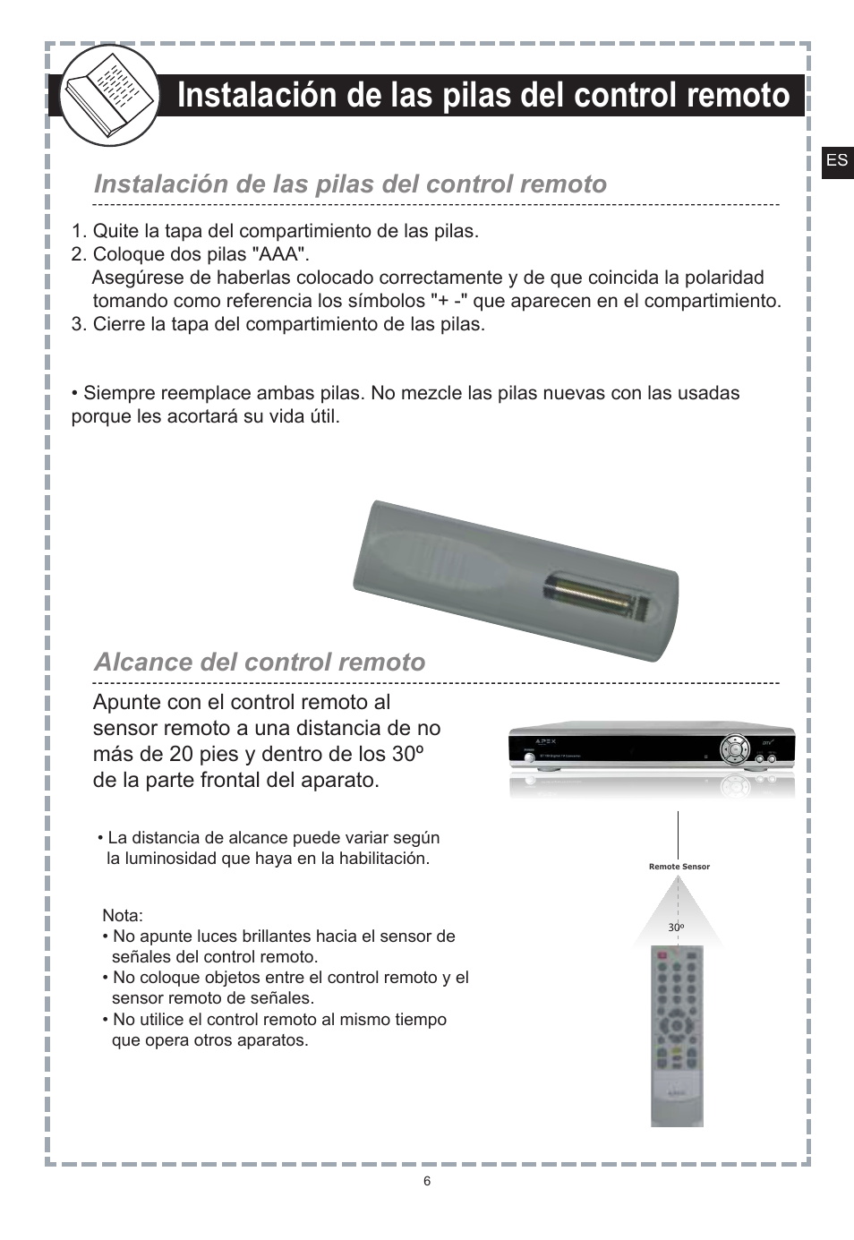 Instalación de las pilas del control remoto | Apex Digital DT150 User Manual | Page 31 / 48