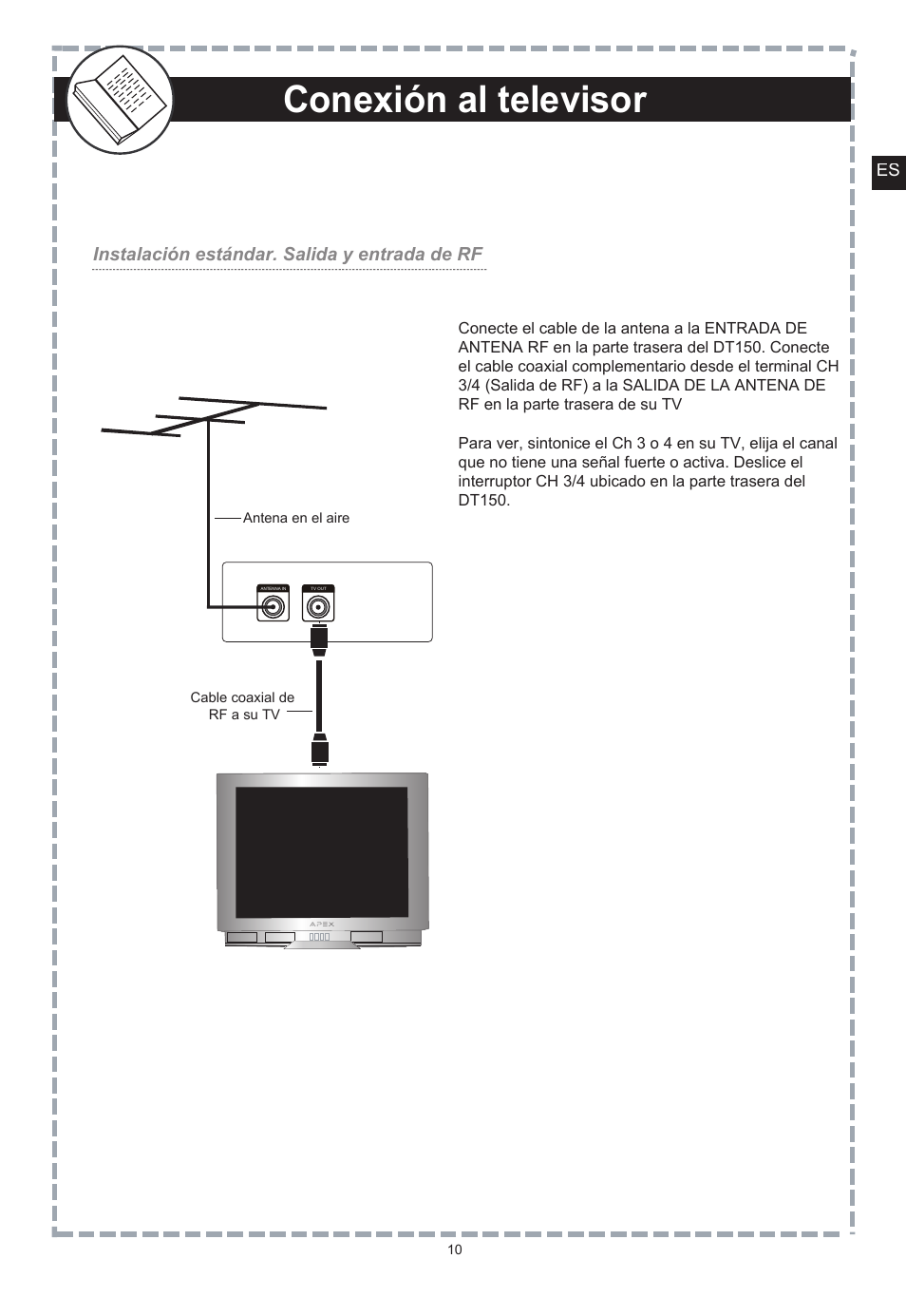 Conexión al televisor, Instalación estándar. salida y entrada de rf, Cable coaxial de rf a su tv antena en el aire | Apex Digital DT150 User Manual | Page 35 / 48