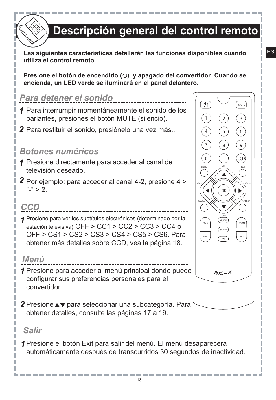 Descripción general del control remoto, Para detener el sonido, Botones numéricos | 12 salir, Menú | Apex Digital DT150 User Manual | Page 38 / 48