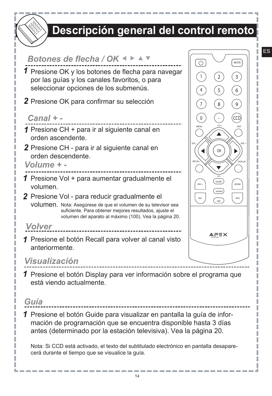 Descripción general del control remoto, Para detener el sonido, Volver visualización | Botones numéricos, 12 salir, Menú, Botones de flecha / ok canal + - volume | Apex Digital DT150 User Manual | Page 39 / 48