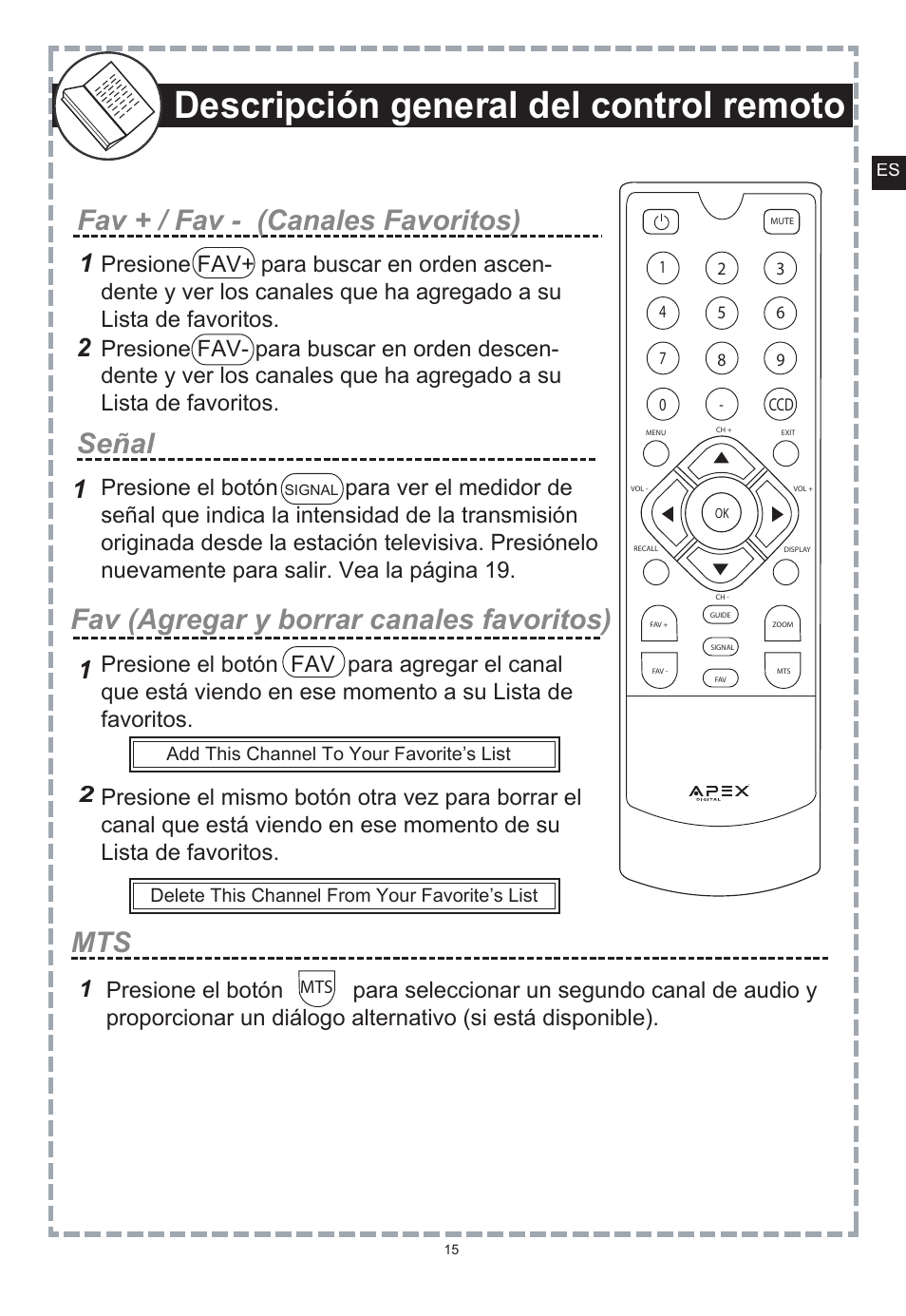Descripción general del control remoto, Señal fav (agregar y borrar canales favoritos), Fav + / fav - (canales favoritos) | Apex Digital DT150 User Manual | Page 40 / 48