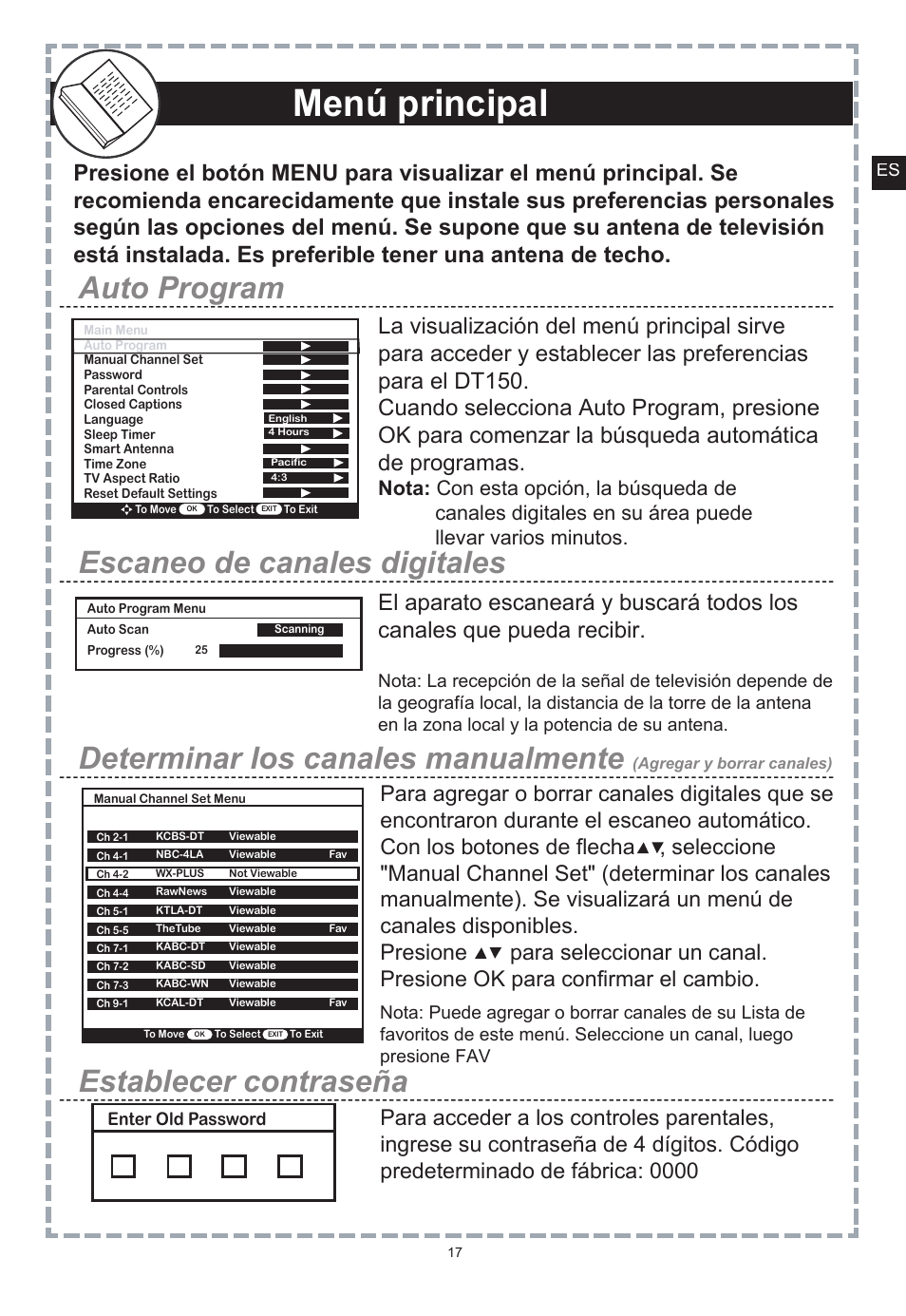 Menú principal, Establecer contraseña | Apex Digital DT150 User Manual | Page 42 / 48