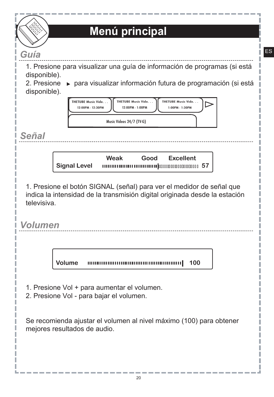 Menú principal, Guía señal volumen | Apex Digital DT150 User Manual | Page 45 / 48