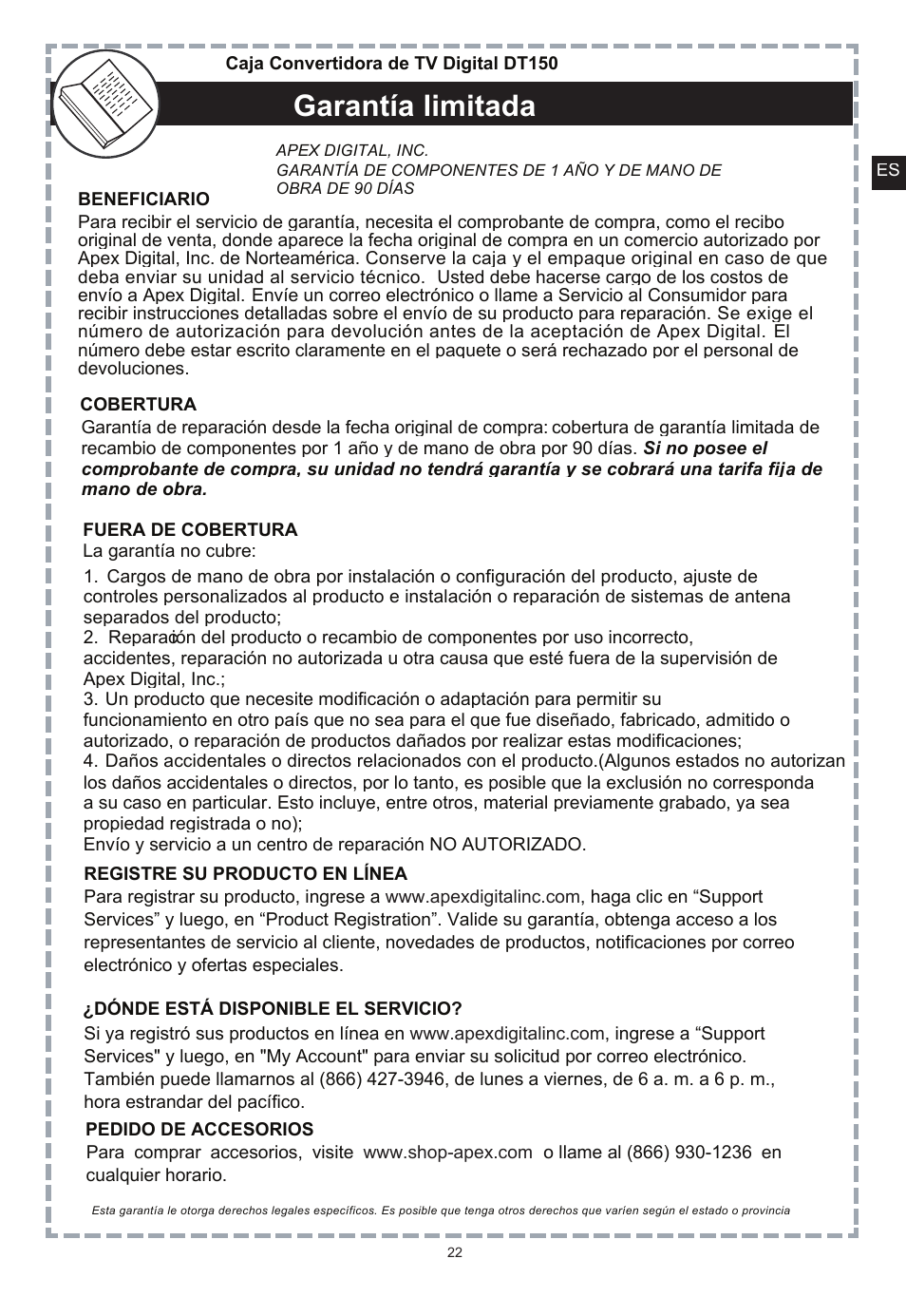 Garantía limitada | Apex Digital DT150 User Manual | Page 47 / 48