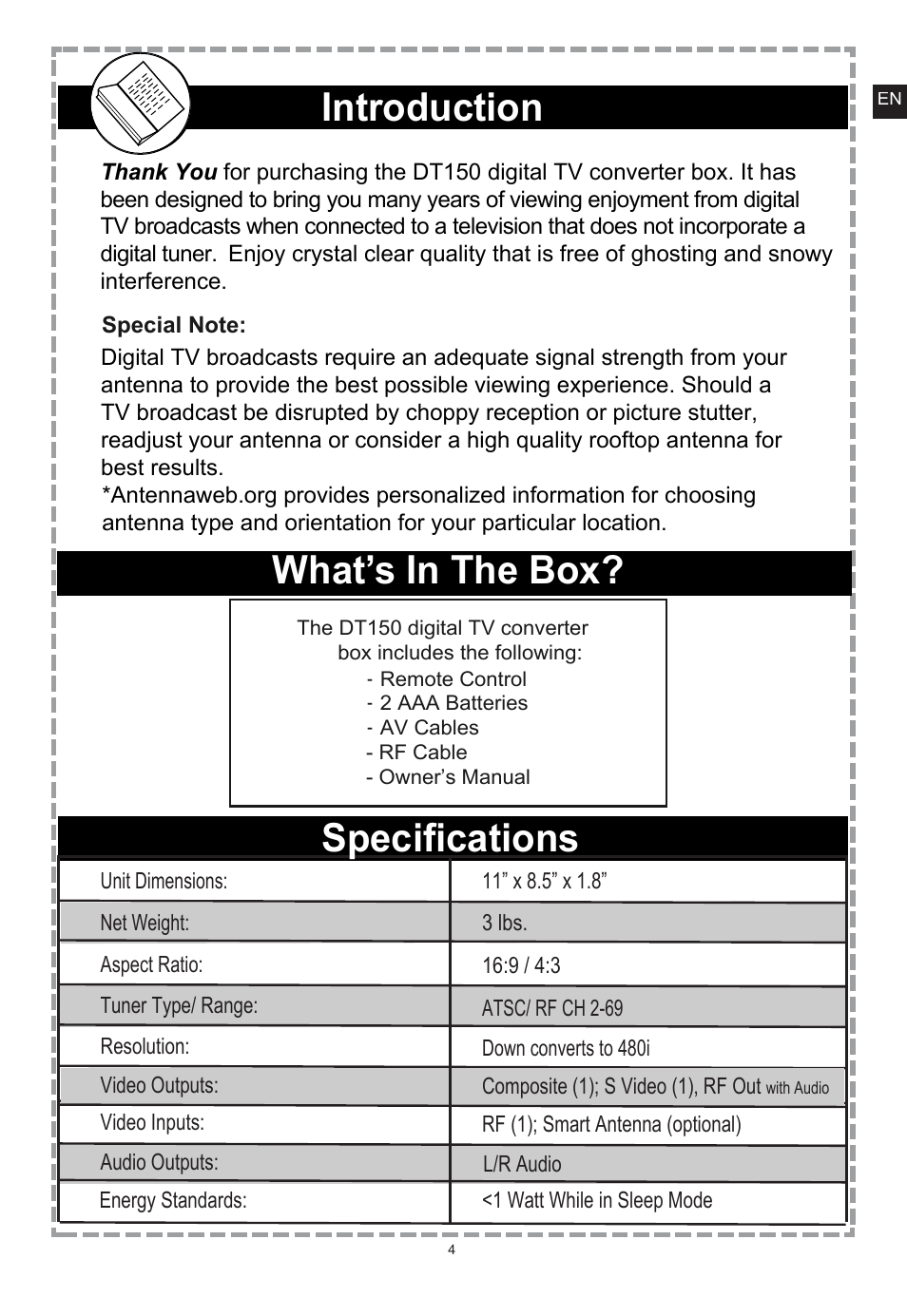 Introduction what’s in the box, Specifications | Apex Digital DT150 User Manual | Page 5 / 48