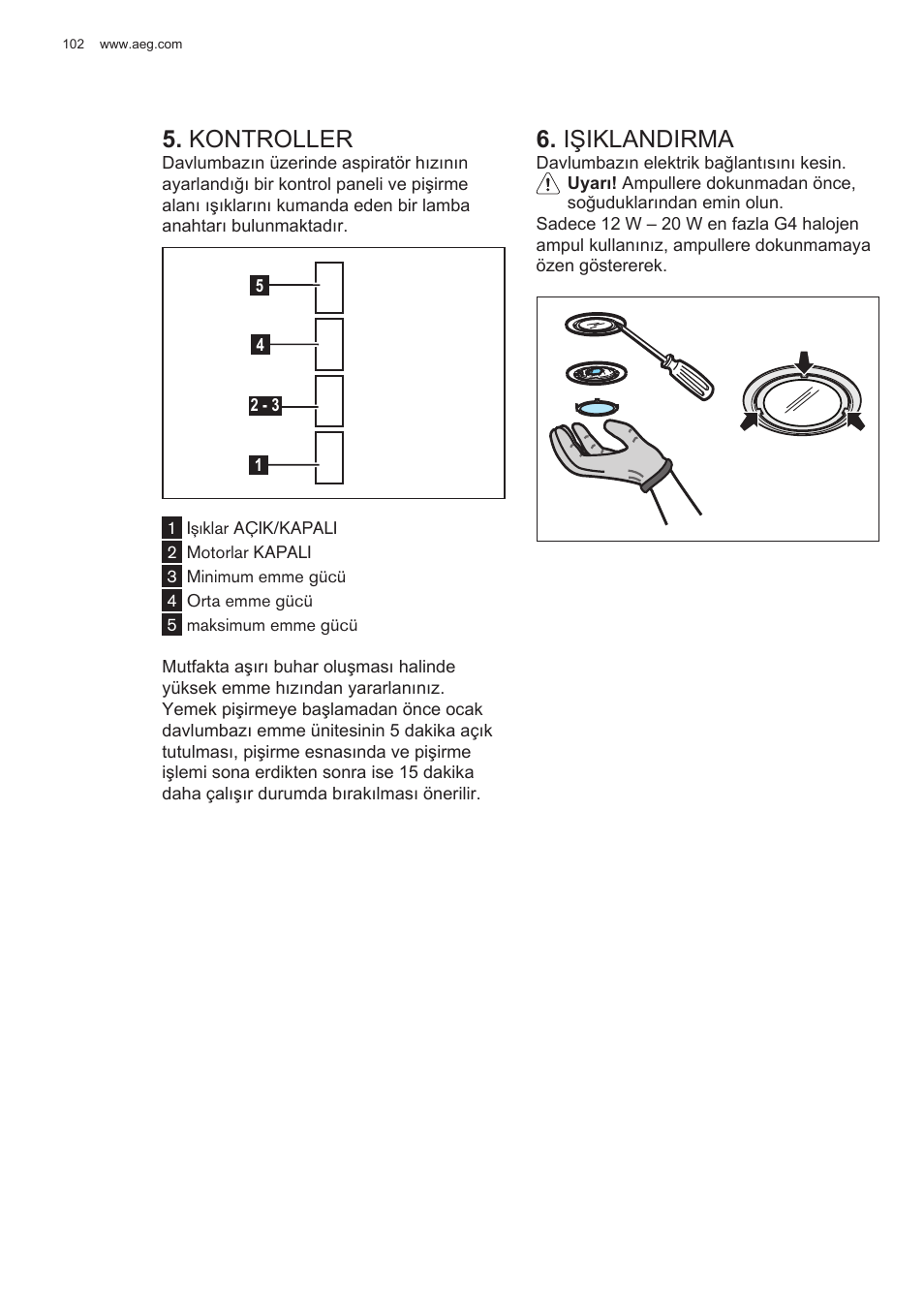 Kontroller, Işiklandirma | AEG DL6250-ML User Manual | Page 102 / 128