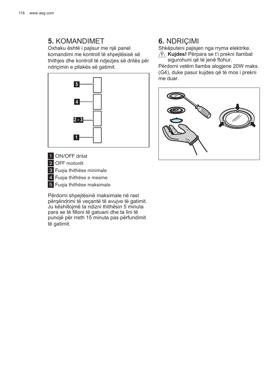 Komandimet, Ndriçimi | AEG DL6250-ML User Manual | Page 118 / 128