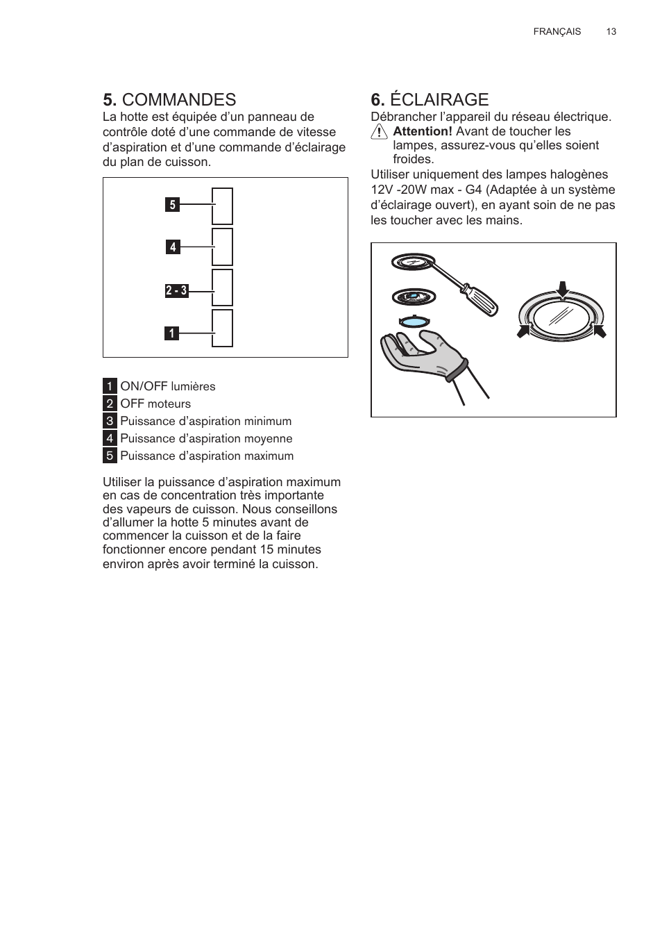 Commandes, Éclairage | AEG DL6250-ML User Manual | Page 13 / 128